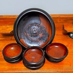 Handcrafted Wood Fish Design Bowl Plus Individual Serving Bowls